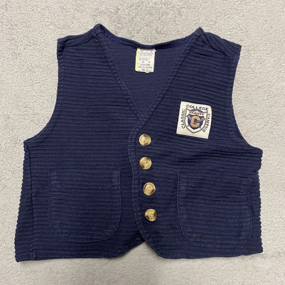 Vintage Toddler Vest 2T Blue Button Front Pockets Acedemia College Preppy Ribbed